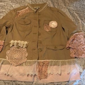 Upcycled khaki denim shabby chic jacket